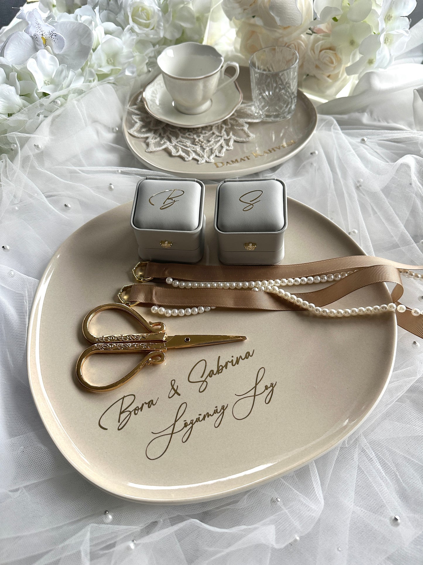 Beige Verlobungstablett Porzellan Set Nisan tepsisi
