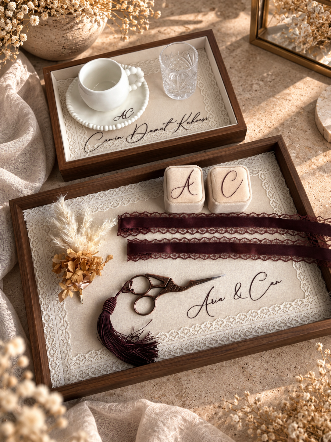 Verlobungstablett aus Holz – personalisiert | Nişan Tepsisi | Engagement Tray | Verlobungsset | Kaffeetablett Ringtablett Samt