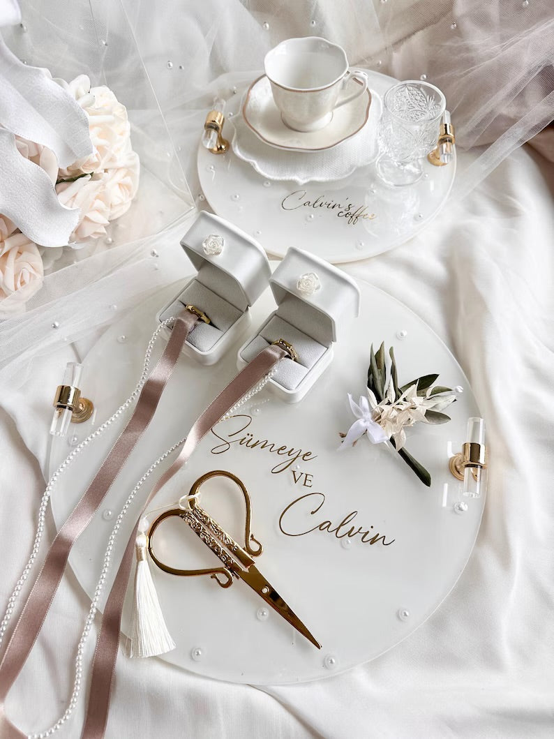 Verlobungstablett Hochzeitstablett damat kahvesi tepsisi  Perlen weiß
