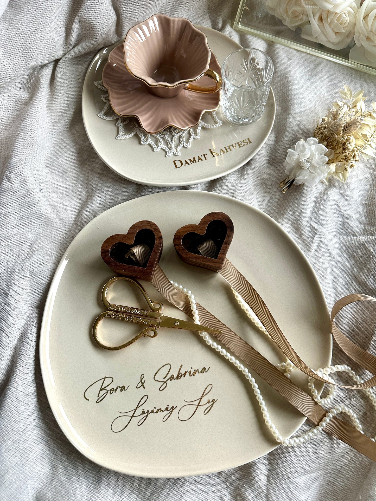 Beige Verlobungstablett Porzellan Set Nisan tepsisi