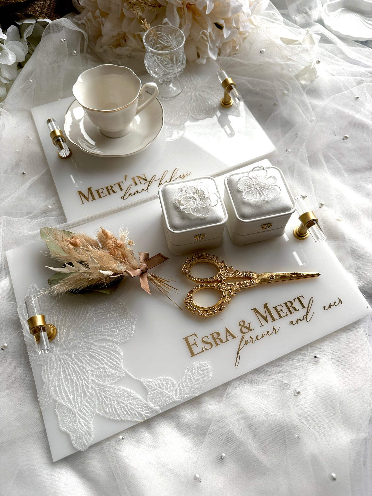 Verlobungstablett mit Spitze weiß | Personalisiertes  Tablett | nisan tepsisi |  Damat Kahvesi Tepsisi | Verlobungsset