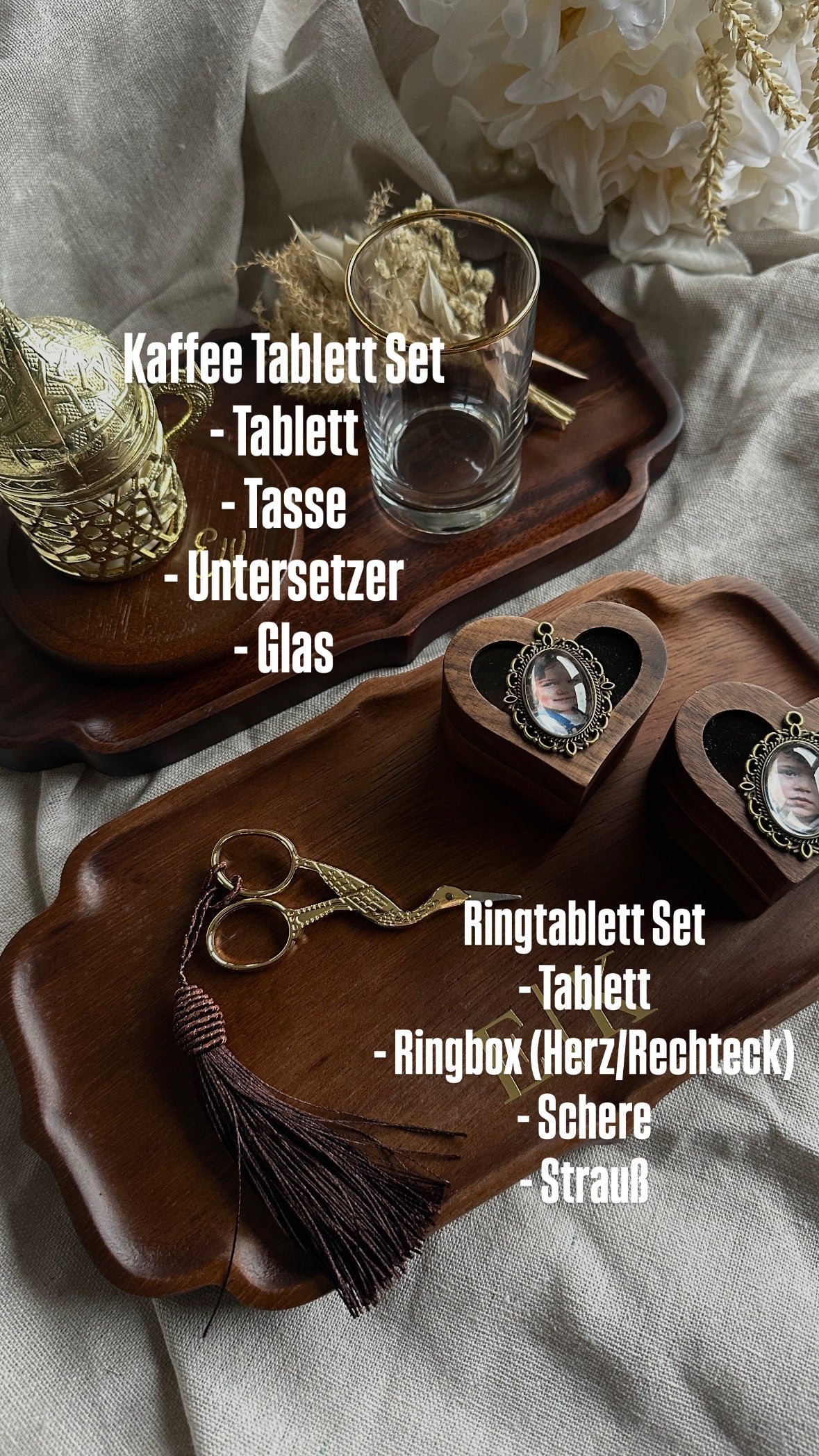 Verlobungstablett aus hochwertigem Nussholz Vintage