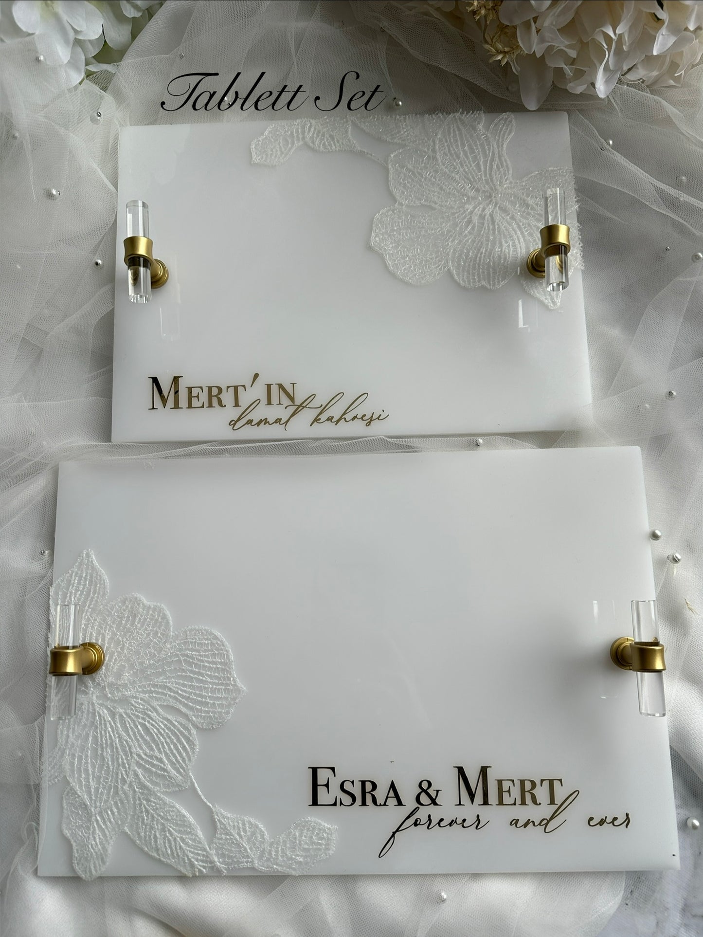Verlobungstablett mit Spitze weiß | Personalisiertes  Tablett | nisan tepsisi |  Damat Kahvesi Tepsisi | Verlobungsset