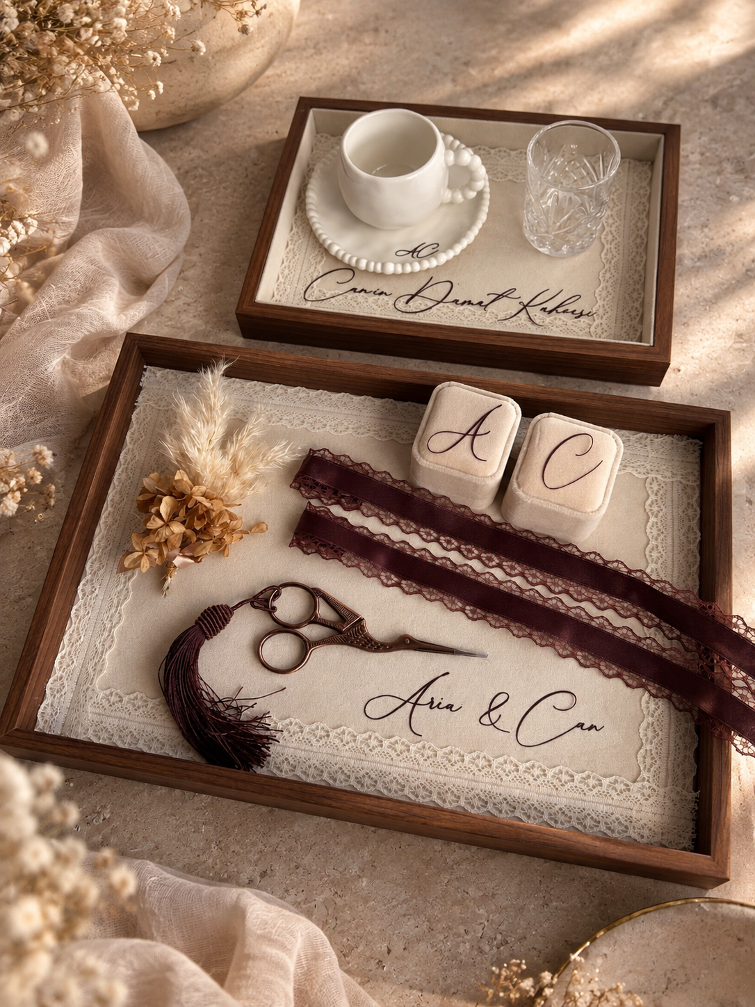 Verlobungstablett aus Holz – personalisiert | Nişan Tepsisi | Engagement Tray | Verlobungsset | Kaffeetablett Ringtablett Samt