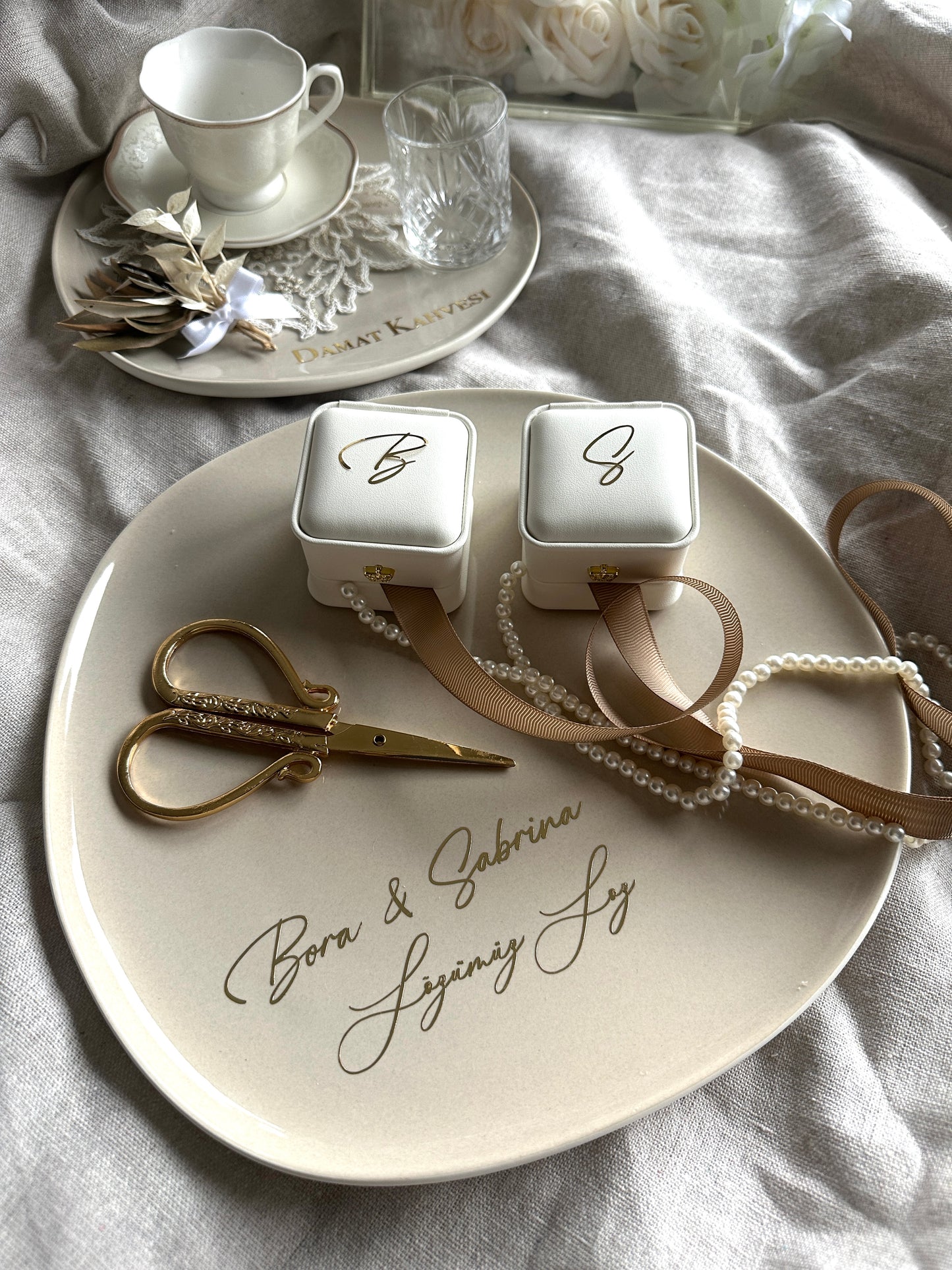 Beige Verlobungstablett Porzellan Set Nisan tepsisi