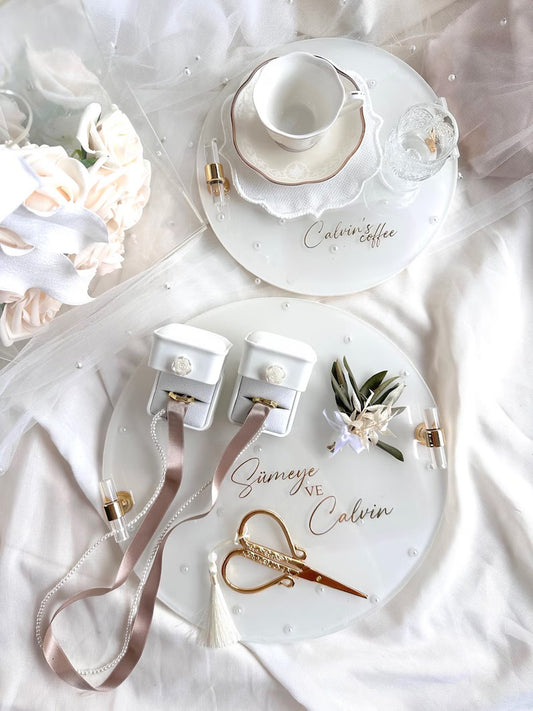 Verlobungstablett Hochzeitstablett damat kahvesi tepsisi  Perlen weiß