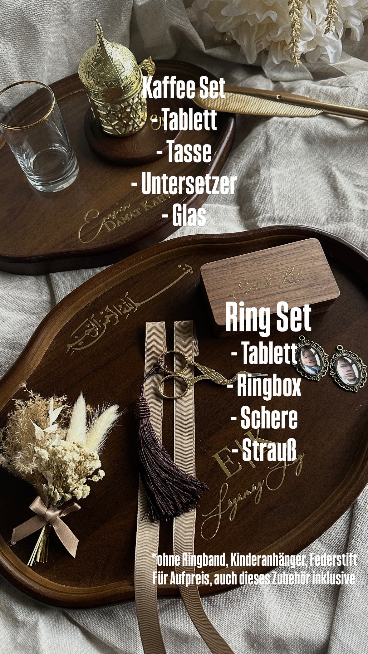 Verlobungstablett aus hochwertigem Nussholz